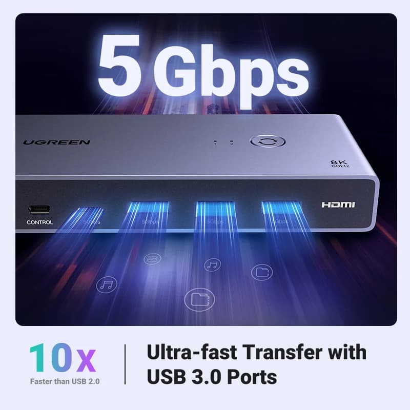 مبدّل KVM بمنفذ HDMI بدقة 8K، مدخلين لمخرج واحد، USB 3.0