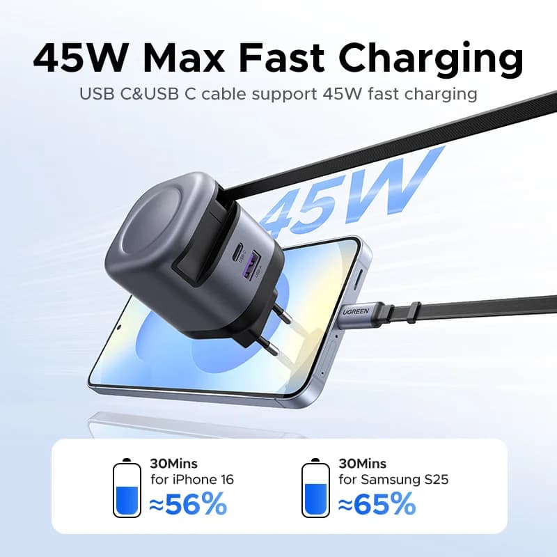 شاحن GaN بقوة 45 واط مع كابل USB-C قابل للسحب