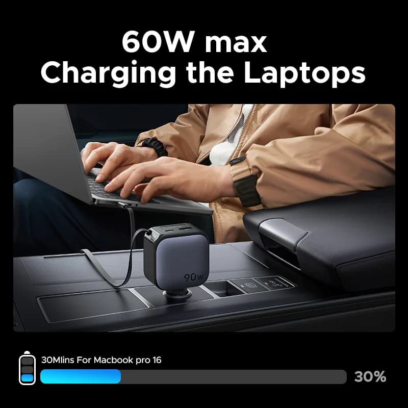 شاحن سيارة USB-C بقوة 145W بكابل قابل للسحب