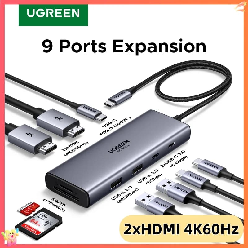 مركز USB-C 9 في 1 مع HDMI مزدوج بدقة 4K وشحن PD100W