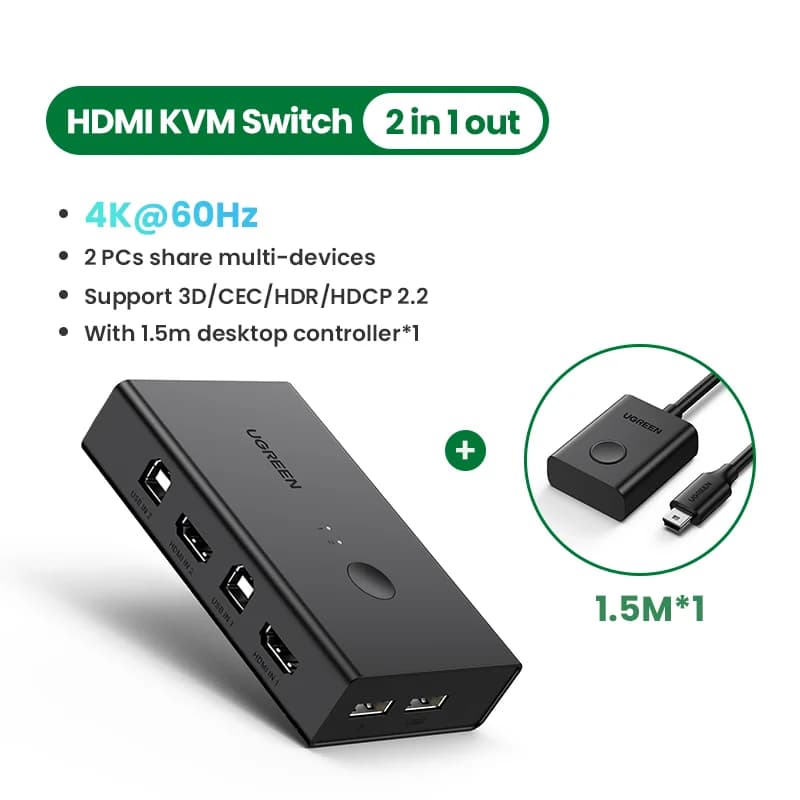 مبدل KVM HDMI بدقة 4K، لجهازين كمبيوتر، مشاركة USB 2.0