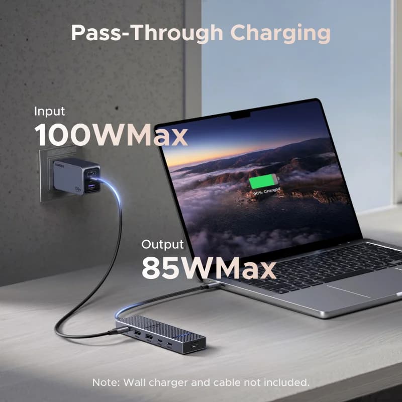 محور USB-C مع HDMI بدقة 4K، نقل بيانات بسرعة 10Gbps، وشحن PD بقوة 100W