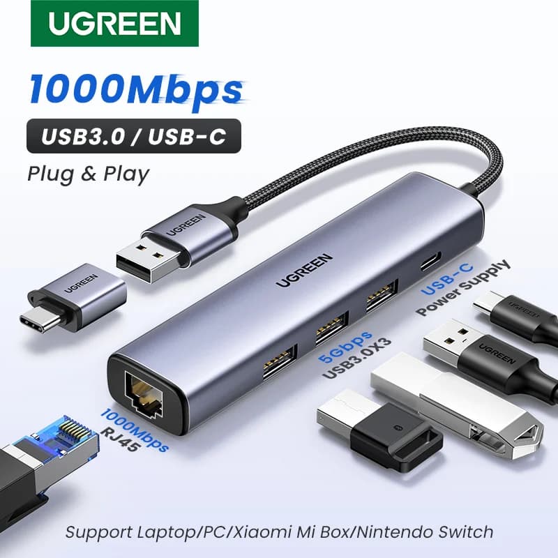 محول شبكة Ethernet لـ USB-C مع RJ45 بسرعة 1000Mbps وموزع USB Hub