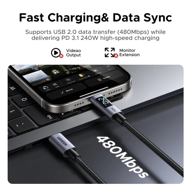 كابل USB-C بقوة 240 وات مع عرض رقمي للطاقة