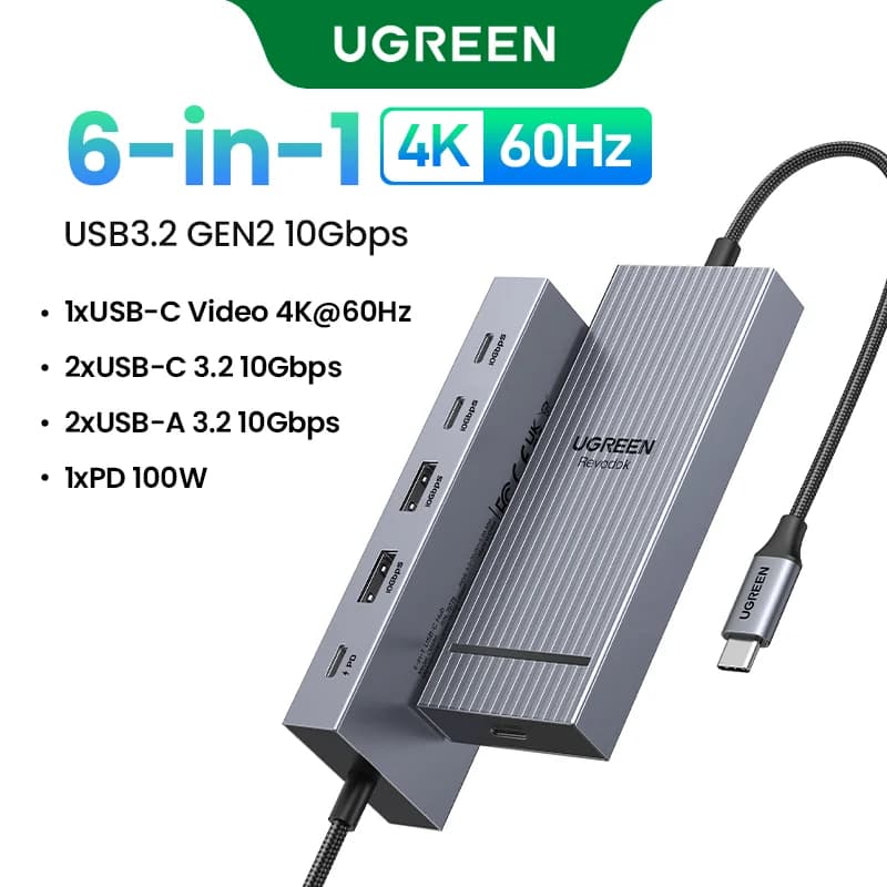 محور USB-C مع HDMI بدقة 4K، نقل بيانات بسرعة 10Gbps، وشحن PD بقوة 100W