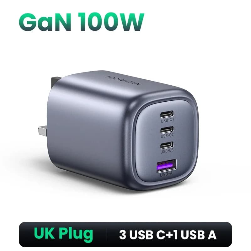 شاحن سريع GaN بقوة 100W بمنفذ USB-C، مقبس بريطاني (UK)