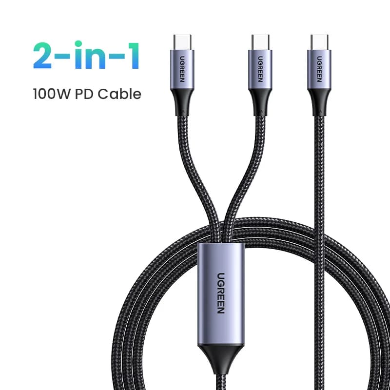 كابل USB-C مزدوج 2 في 1، قدرة قصوى 100W، شحن سريع 5A