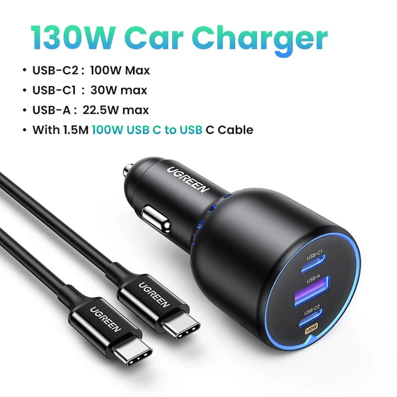 شاحن سيارة مزدوج USB-C بقدرة 130 واط