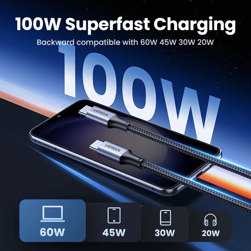 طقم من قطعتين كابلات USB-C إلى USB-C PD بقدرة 100 واط