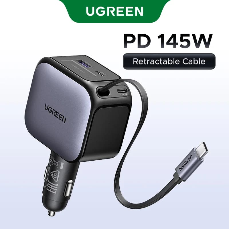 شاحن سيارة 145 واط مع 3 منافذ USB-C وكابل قابل للسحب