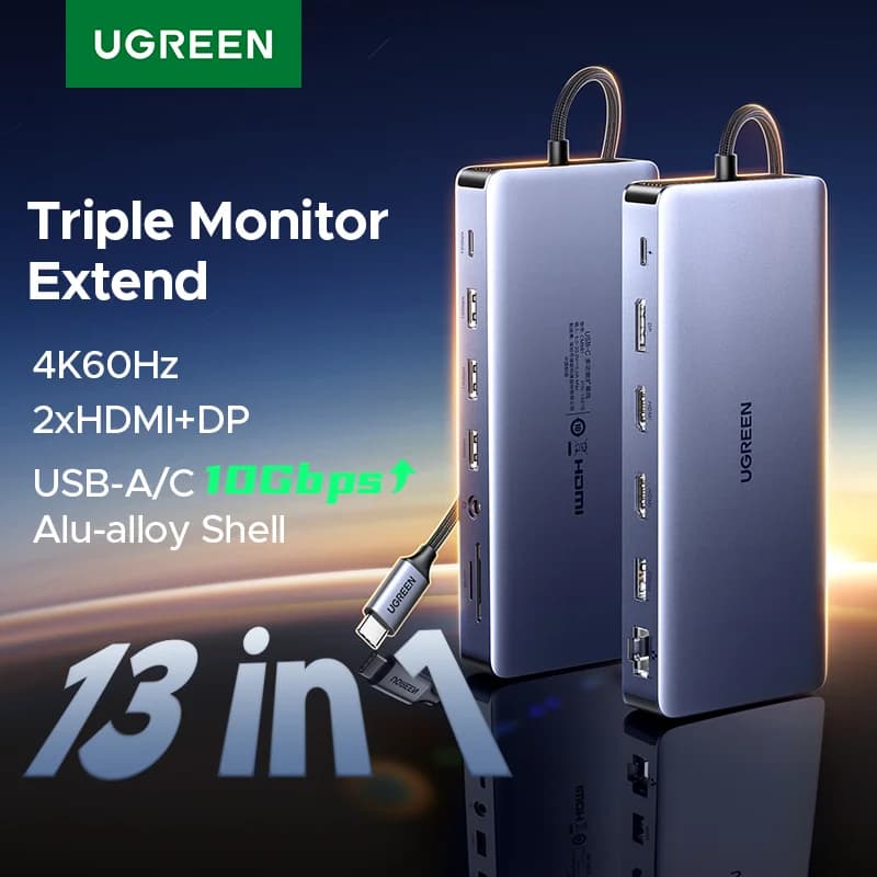 محطة توسيع USB-C 13 في 1 بشاشة ثلاثية ومنفذ RJ45