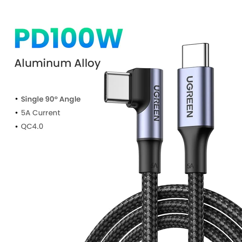 كابل USB-C بزاوية 90 درجة، شحن سريع 100 واط PD، للألعاب
