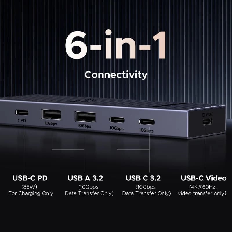محور USB-C مع HDMI بدقة 4K، نقل بيانات بسرعة 10Gbps، وشحن PD بقوة 100W