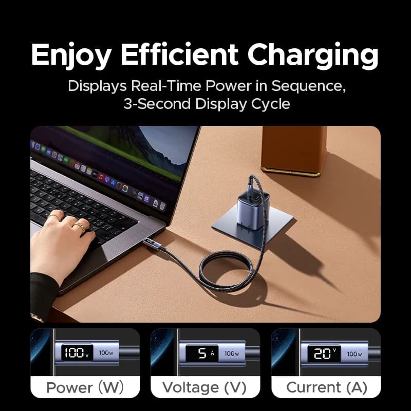 كابل USB-C إلى USB-C، شحن سريع PD بقدرة 100 واط مع شاشة رقمية