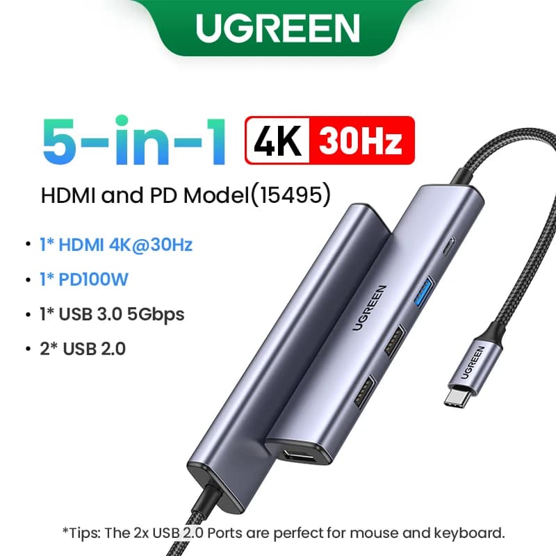 محور USB-C مع HDMI بدقة 4K وقارئ بطاقات SD/TF وشحن PD بقوة 100W