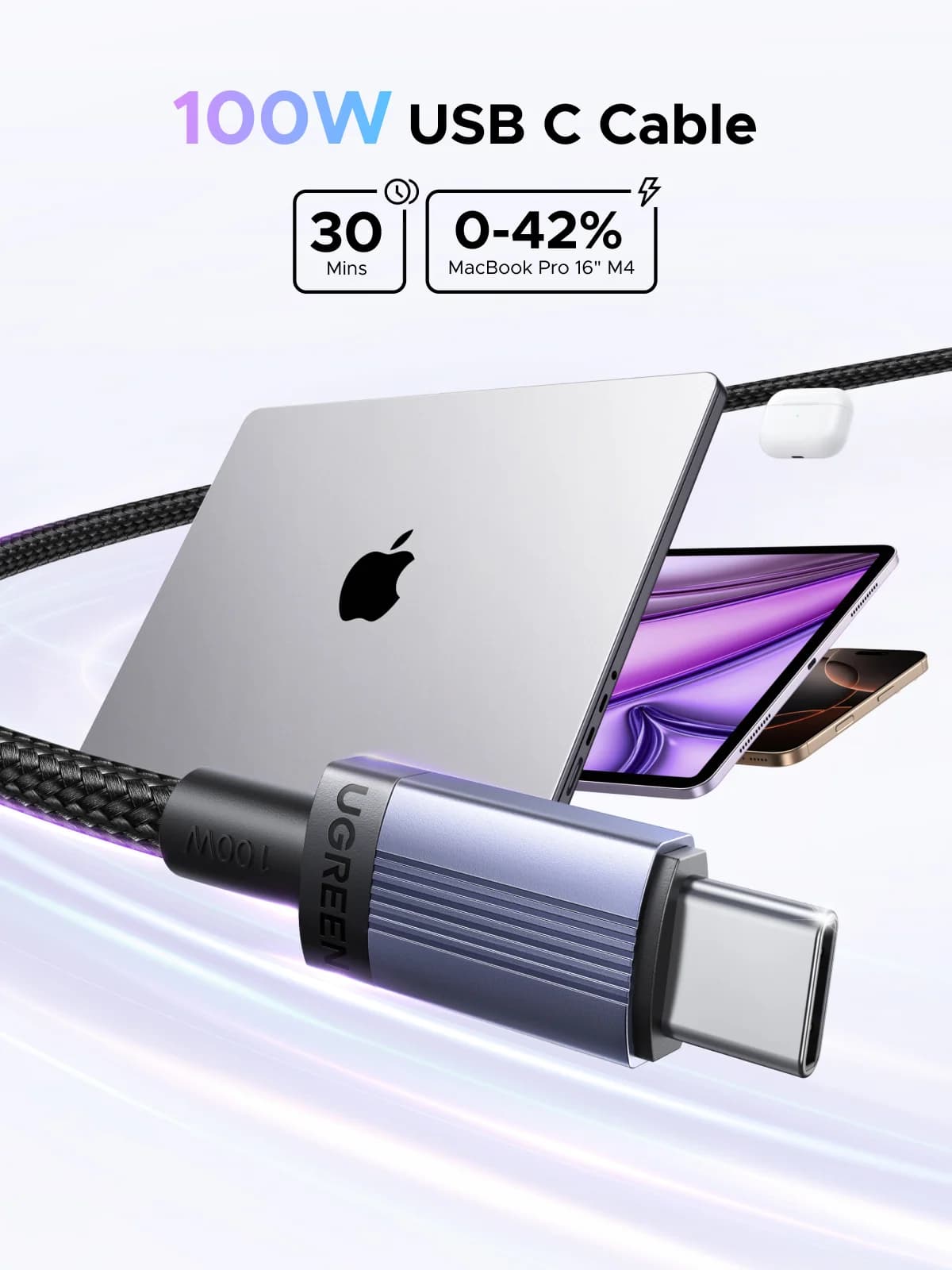 كابل شحن سريع USB-C بقوة 100 واط، 5 أمبير