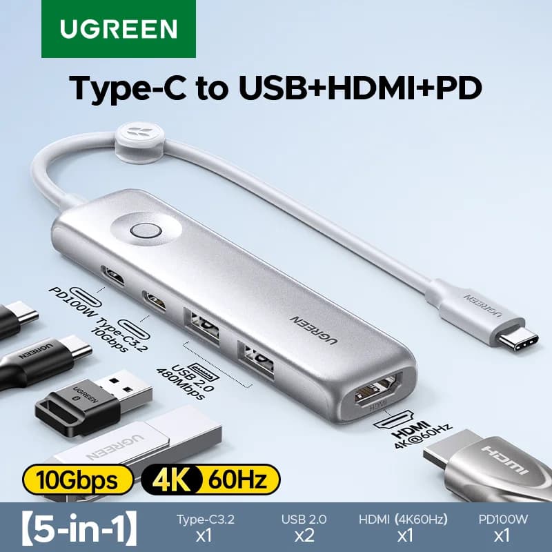 محور USB-C متعدد الوظائف 5 في 1، HDMI بدقة 4K، سرعة 10Gbps، شحن سريع PD100W