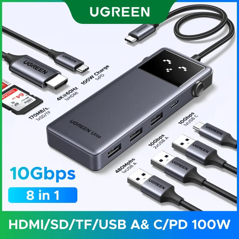 محور USB-C ثماني الوظائف 8-in-1 مع HDMI بدقة 4K وشحن سريع PD بقدرة 100W