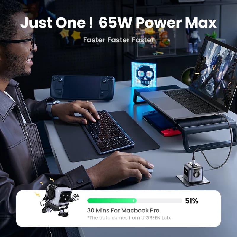 شاحن سريع GaN USB-C بقوة 65W بقابس بريطاني