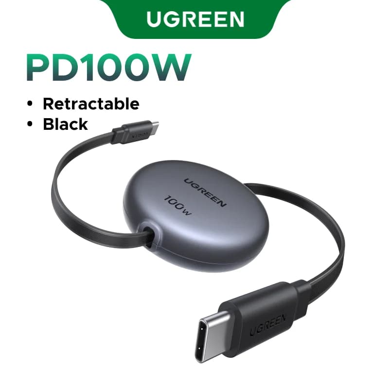 كابل شحن سريع قابل للسحب USB-C إلى USB-C بقوة 100 واط
