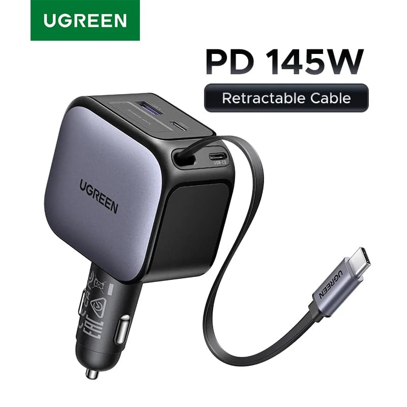 شاحن سيارة USB-C بقوة 145W بكابل قابل للسحب